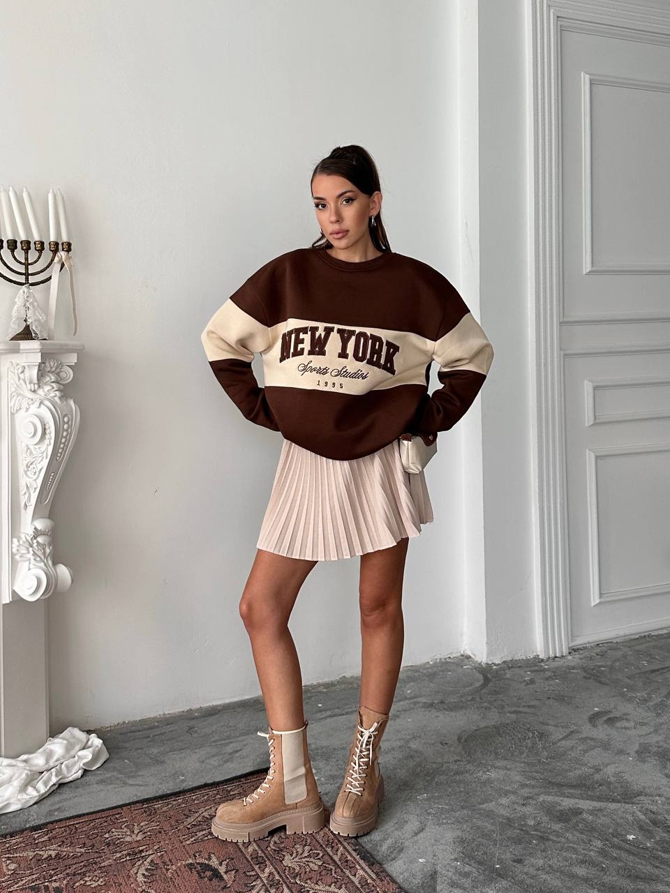 New York Oversized Sweatshirt – Chocolate Beige | Premium 3-Thread Fleece
