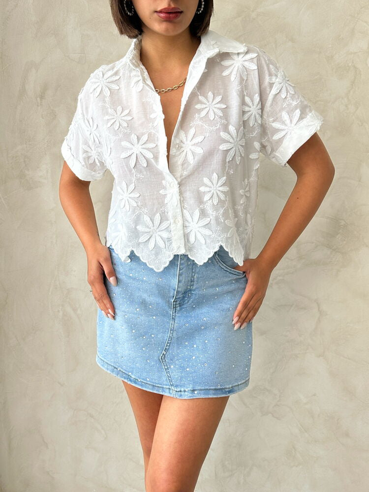 Breezy White Shirt with Floral Embroidery β Organic Cotton