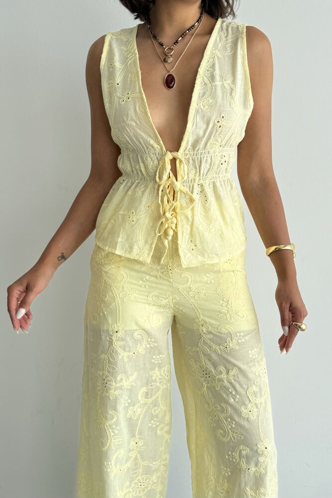 Butter Yellow Embroidered Voile Blouse & Shorts Set - Butter Yellow Organic Cotton