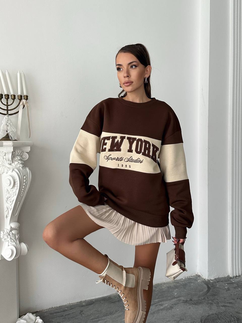 New York Oversized Sweatshirt – Chocolate Beige | Premium 3-Thread Fleece
