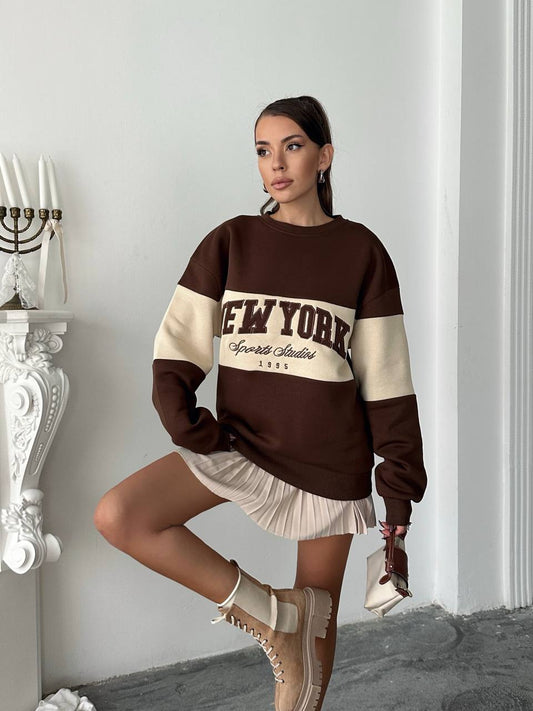New York Oversized Sweatshirt – Chocolate Beige | Premium 3-Thread Fleece