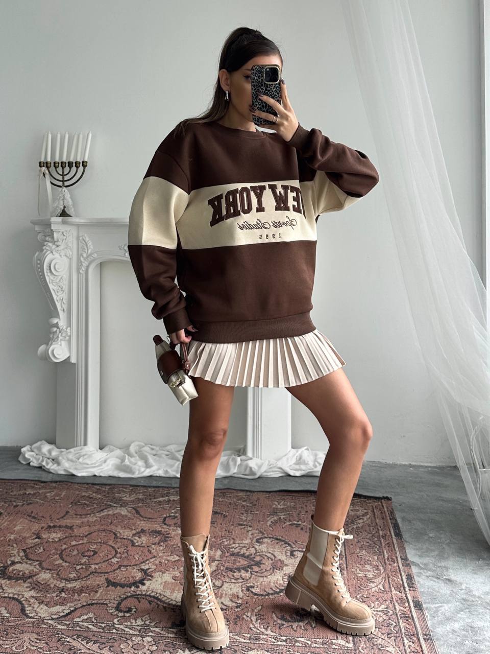 New York Oversized Sweatshirt – Chocolate Beige | Premium 3-Thread Fleece