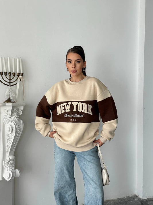 New York Oversized Sweatshirt – Mocha Cream | Premium 3-Thread Fleece