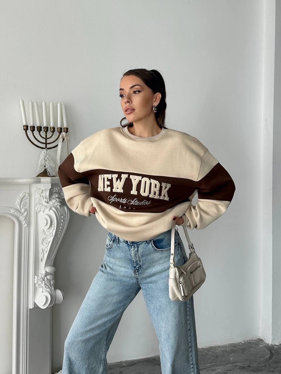New York Oversized Sweatshirt – Mocha Cream | Premium 3-Thread Fleece