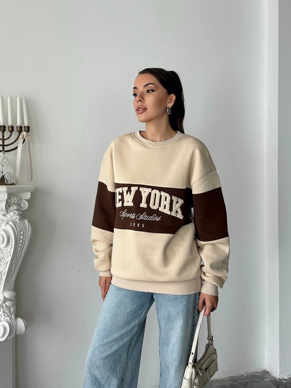 New York Oversized Sweatshirt – Mocha Cream | Premium 3-Thread Fleece