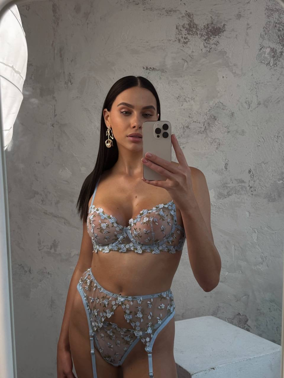 Vanessa Blue Floral Embroidery Lingerie Set – 3 Piece with Garter